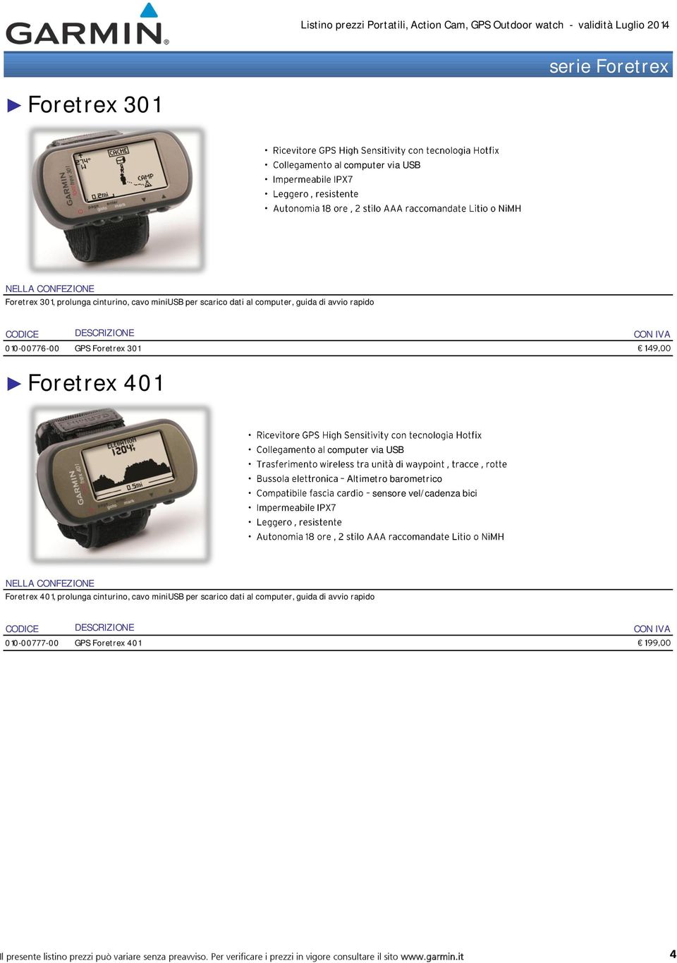 bici Foretrex 401, prolunga cinturino, cavo miniusb per scarico dati al computer, guida di avvio rapido 010-00777-00 GPS