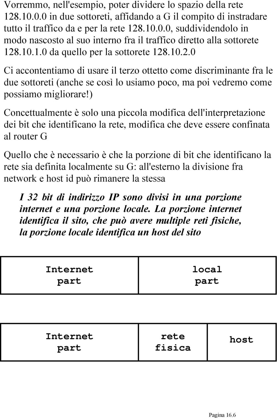 ) Concettualmente è solo una piccola modifica dell'interpretazione dei bit che identificano la rete, modifica che deve essere confinata al router G Quello che è necessario è che la porzione di bit