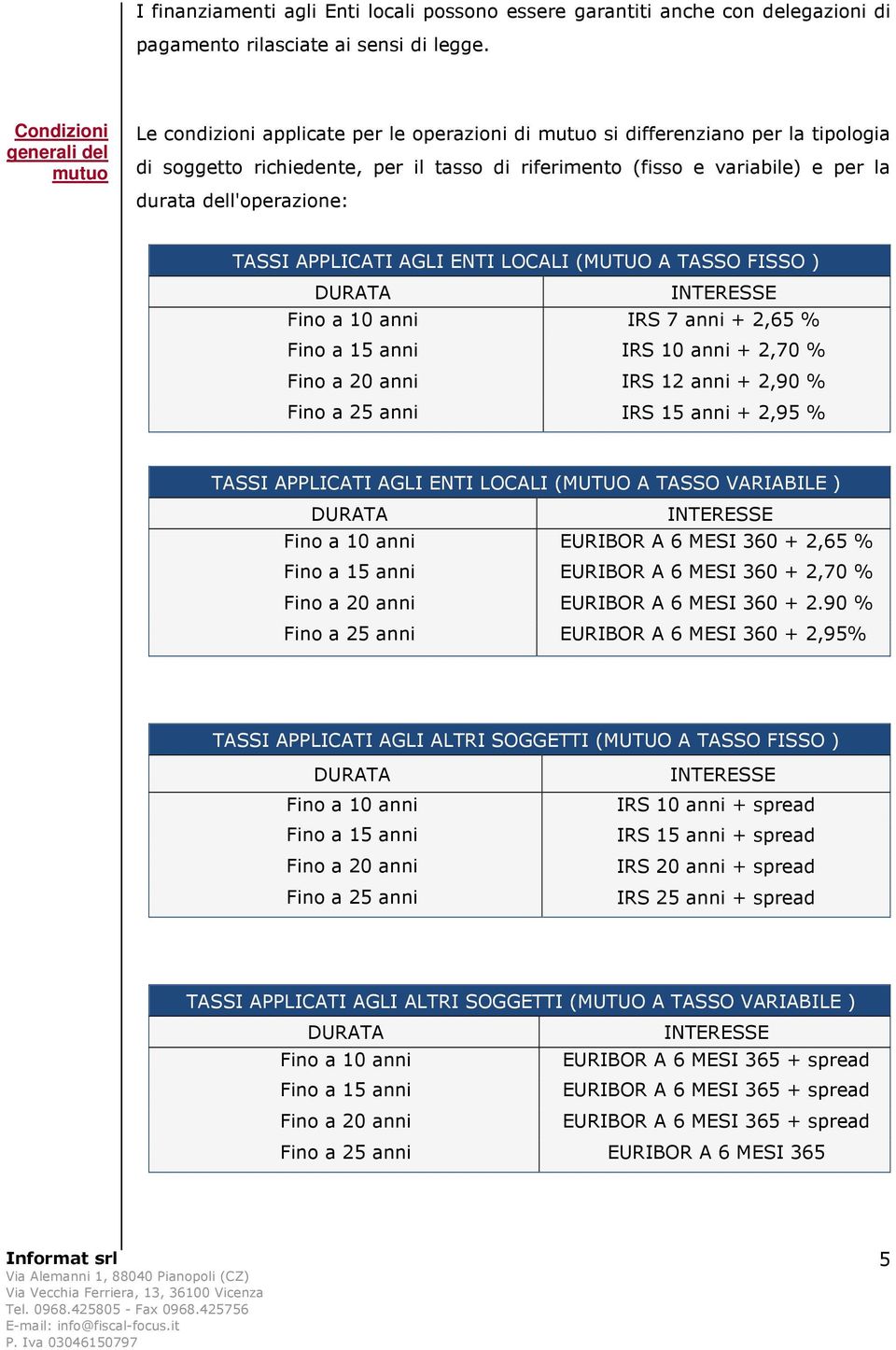 durata dell'operazione: TASSI APPLICATI AGLI ENTI LOCALI (MUTUO A TASSO FISSO ) Fino a 10 anni IRS 7 anni + 2,65 % Fino a 15 anni IRS 10 anni + 2,70 % Fino a 20 anni IRS 12 anni + 2,90 % Fino a 25