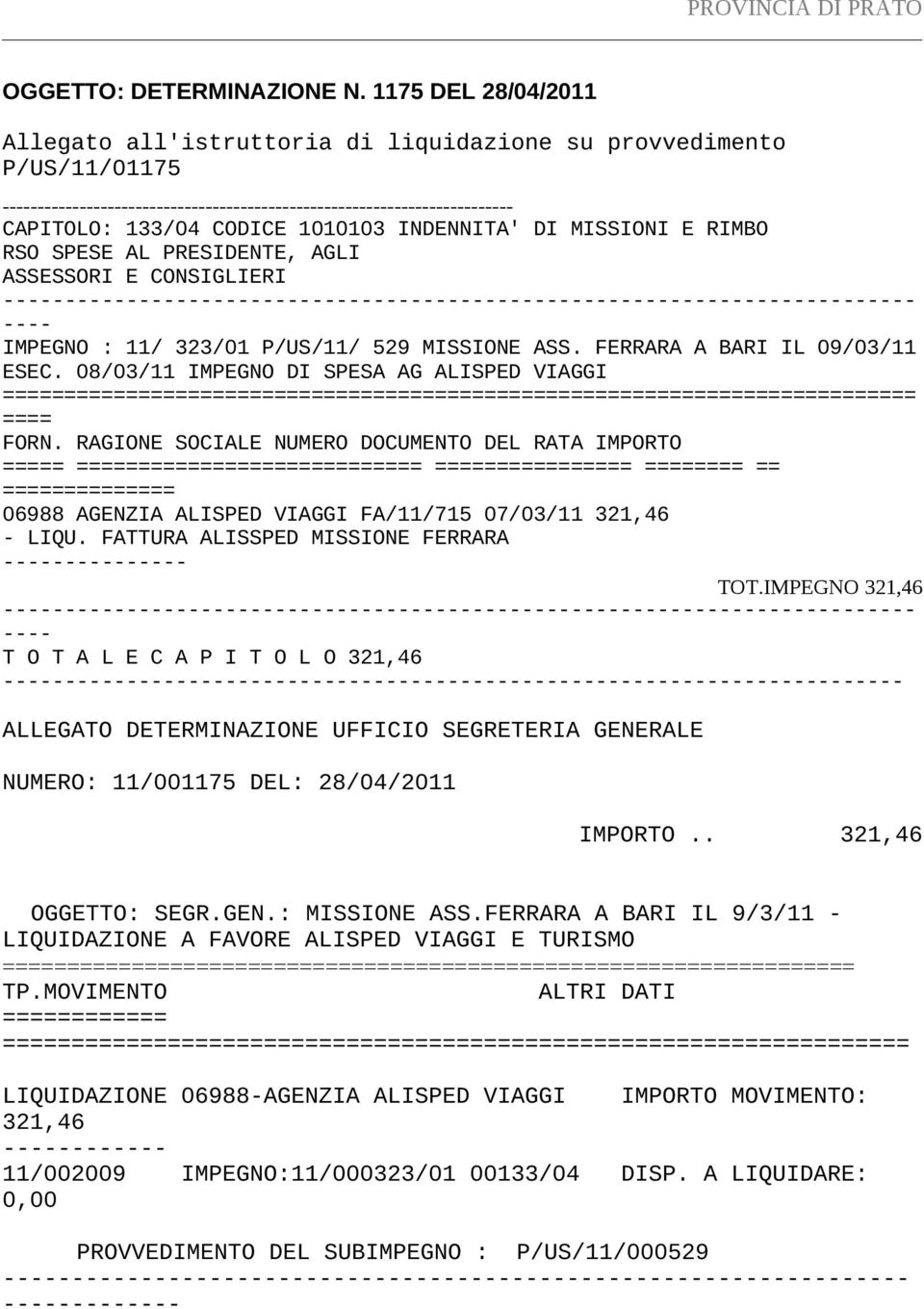 INDENNITA' DI MISSIONI E RIMBO RSO SPESE AL PRESIDENTE, AGLI ASSESSORI E CONSIGLIERI -------------------------------------------------------------------------- ---- IMPEGNO : 11/ 323/01 P/US/11/ 529