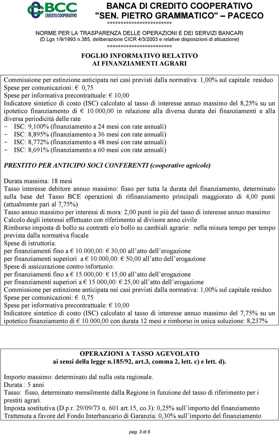 rate annuali) - ISC: 8,772% (finanziamento a 48 mesi con rate annuali) - ISC: 8,691% (finanziamento a 60 mesi con rate annuali) PRESTITO PER ANTICIPO SOCI CONFERENTI (cooperative agricole) Durata