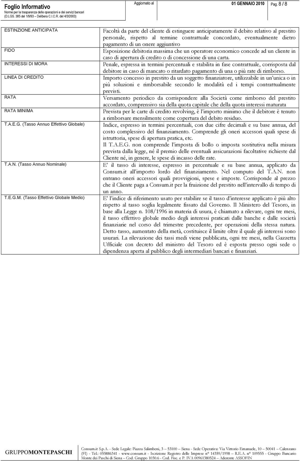 NIMA T.A.E.G. (Tasso Annuo Effettivo Globale) T.A.N. (Tasso Annuo Nominale) T.E.G.M. (Tasso Effettivo Globale Medio) Facoltà da parte del cliente di estinguere anticipatamente il debito relativo al