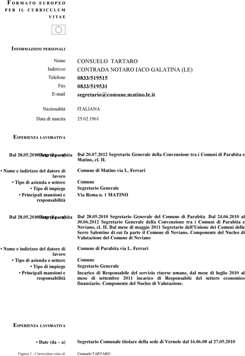 2012 Segretario Generale della Convenzione tra i Comuni di Parabita e Matino, cl. II. di Matino via L. Ferrari Segretario Generale Via Roma n. 1 MATINO Dal 28.05.