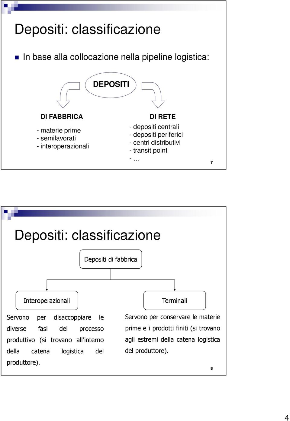 Depositi di fabbrica Interoperazionali Terminali Servono per disaccoppiare le diverse fasi del processo produttivo (si trovano all interno