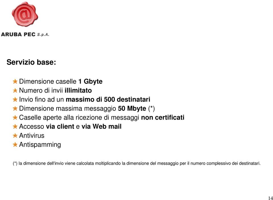 certificati Accesso via client e via Web mail Antivirus Antispamming (*) la dimensione dell'invio