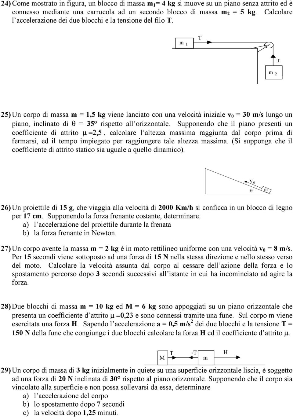 m 1 T T m 2 25) Un corpo di massa m = 1,5 kg viene lanciato con una velocità iniziale v 0 = 30 m/s lungo un piano, inclinato di θ = 35 rispetto all orizzontale.