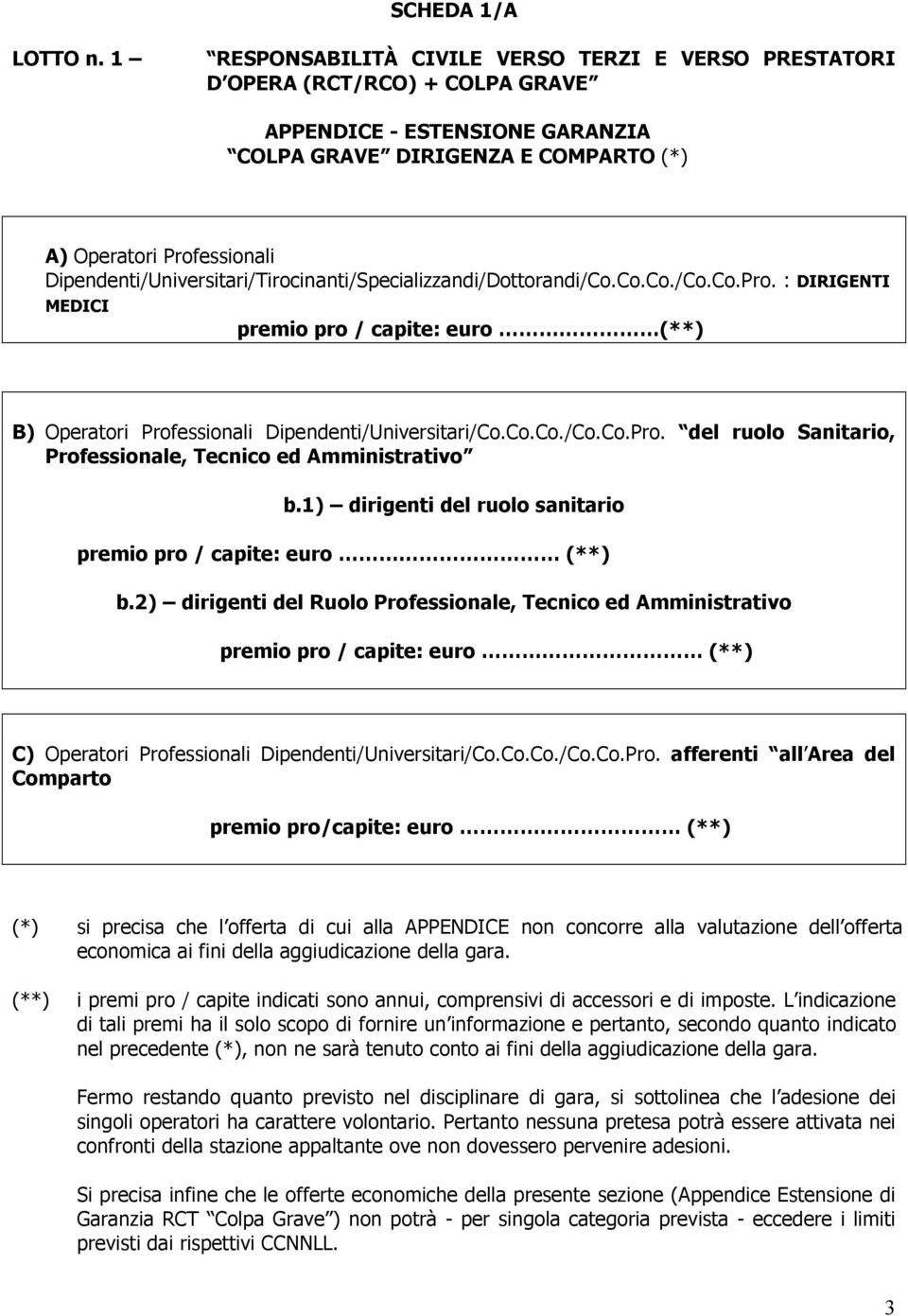 Dipendenti/Universitari/Tirocinanti/Specializzandi/Dottorandi/Co.Co.Co./Co.Co.Pro. : DIRIGENTI MEDICI premio pro / capite: euro (**) B) Operatori Professionali Dipendenti/Universitari/Co.Co.Co./Co.Co.Pro. del ruolo Sanitario, Professionale, Tecnico ed Amministrativo b.