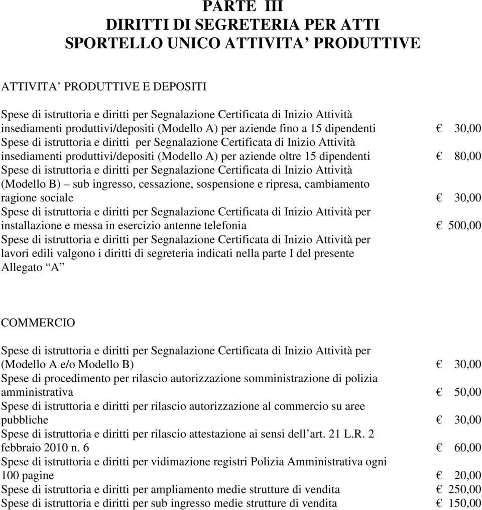 messa in esercizio antenne telefonia 500,00 per lavori edili valgono i diritti di segreteria indicati nella parte I del presente Allegato A COMMERCIO per (Modello A e/o Modello B) 30,00 Spese di