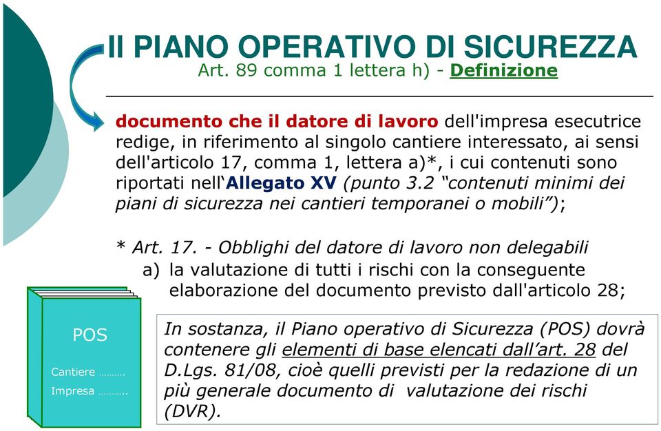 a)*, i cui contenuti sono riportati nell Allegato XV (punto 3.2 contenuti minimi dei piani di sicurezza nei cantieri temporanei o mobili ); * Art. 17.