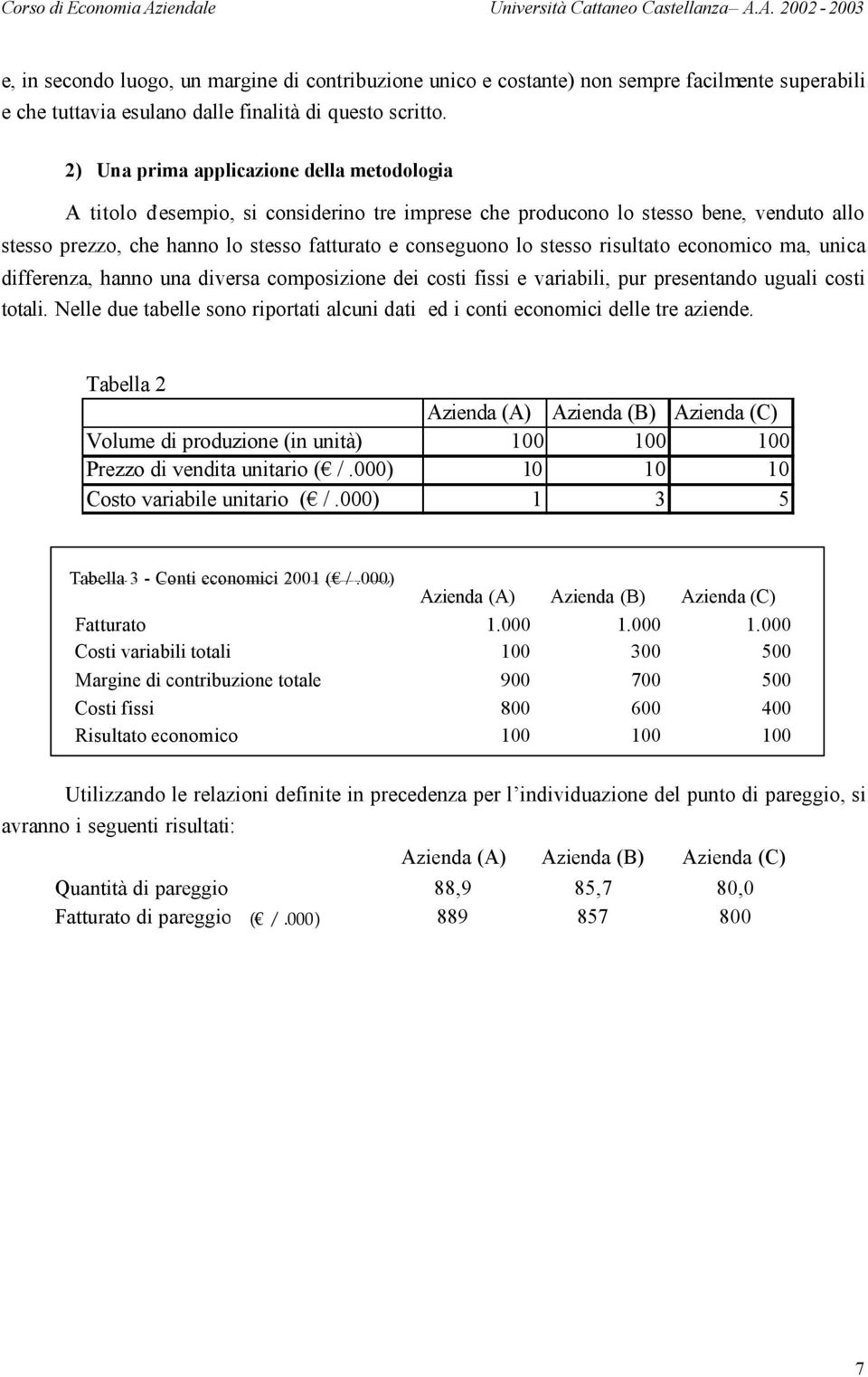 stesso risultato economico ma, unica differenza, hanno una diversa composizione dei costi fissi e variabili, pur presentando uguali costi totali.