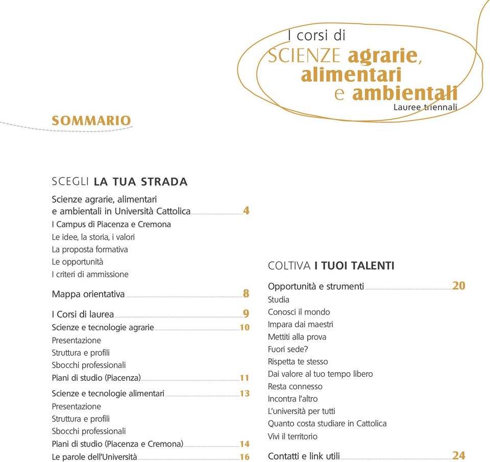 ..10 Presentazione Struttura e profili Sbocchi professionali Piani di studio (Piacenza)...11 Scienze e tecnologie alimentari.