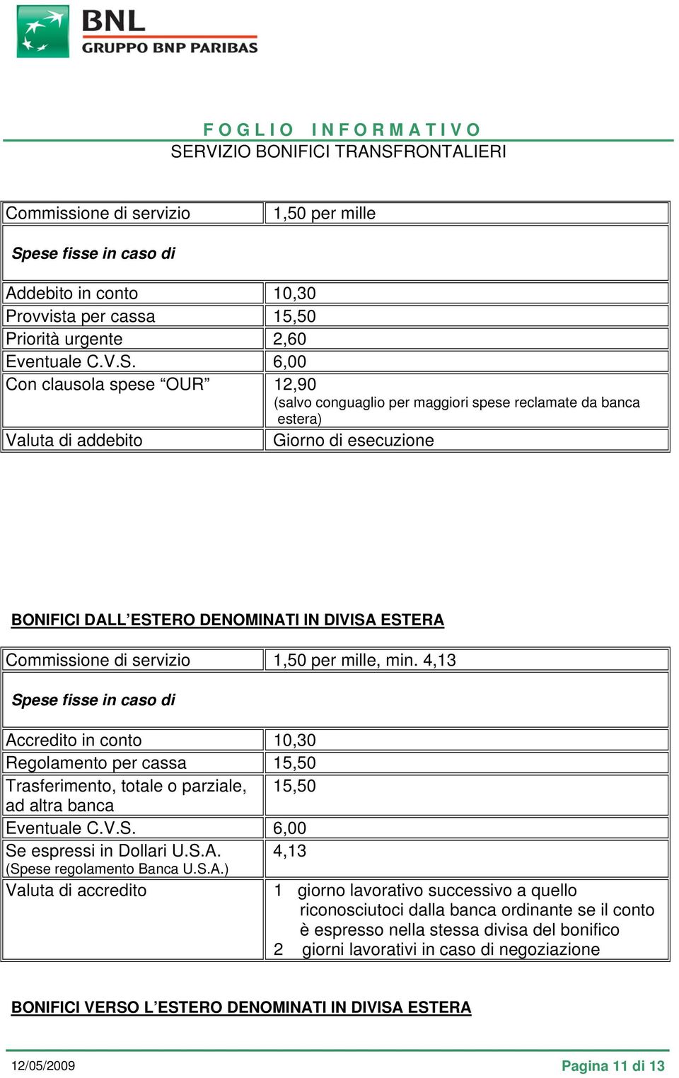 di servizio 1,50 per mille, min. 4,13 Accredito in conto 10,30 Regolamento per cassa 15,50 Trasferimento, totale o parziale, 15,50 ad altra banca Eventuale C.V.S. 6,00 Se espressi in Dollari U.S.A. 4,13 (Spese regolamento Banca U.