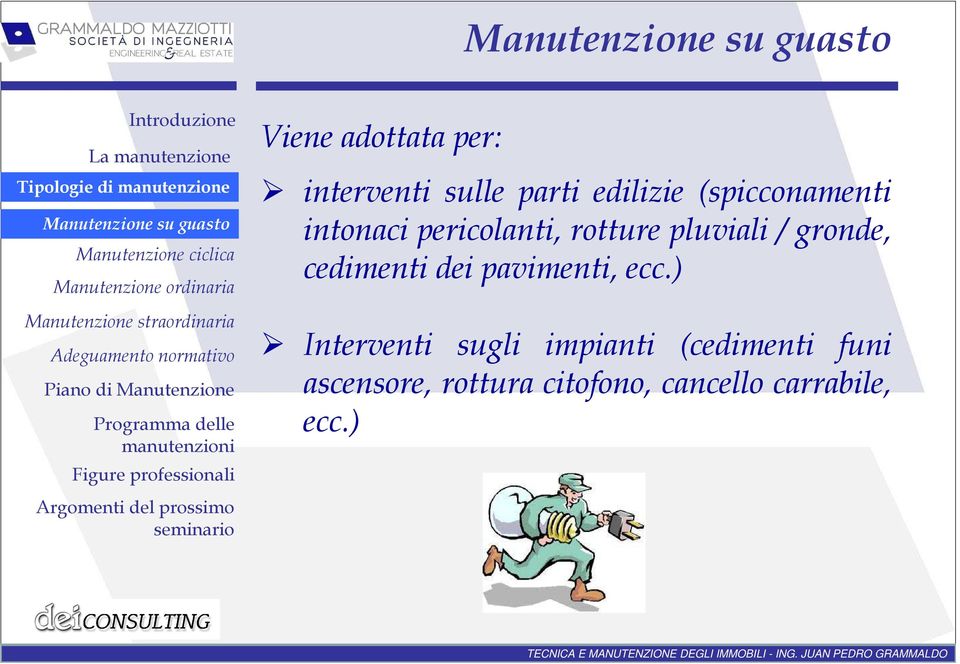 parti edilizie (spicconamenti intonaci pericolanti, rotture pluviali / gronde, cedimenti dei