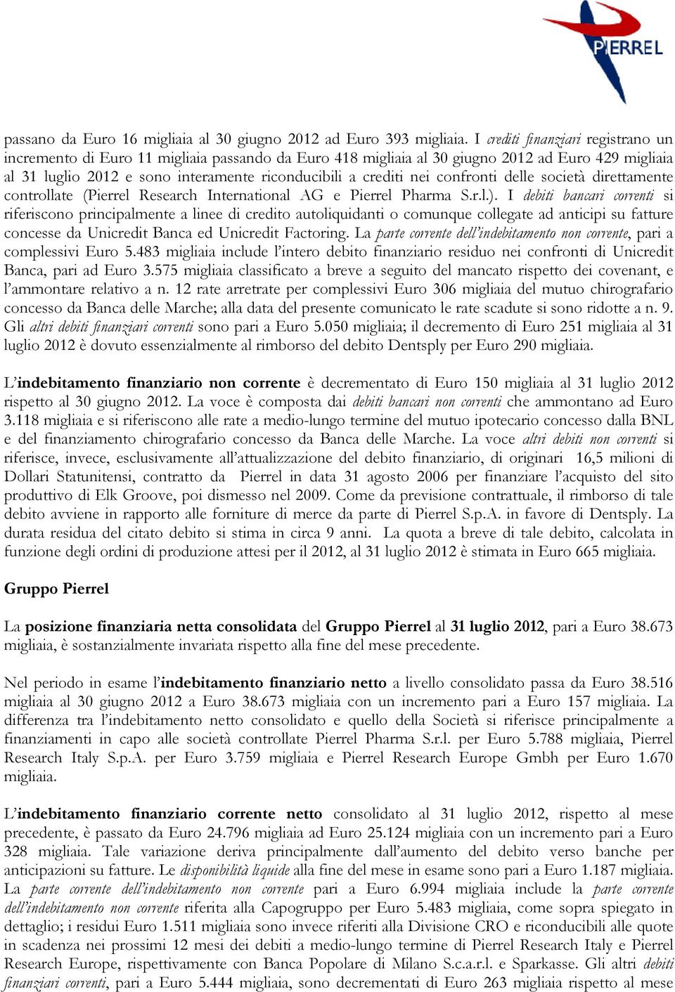 società direttamente controllate (Pierrel Research International AG e Pierrel Pharma S.r.l.).