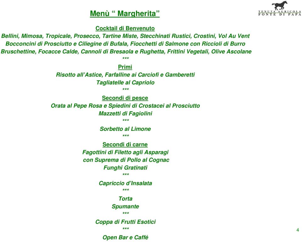 Farfalline ai Carciofi e Gamberetti Tagliatelle al Capriolo Secondi di pesce Orata al Pepe Rosa e Spiedini di Crostacei al Prosciutto Mazzetti di Fagiolini Sorbetto al