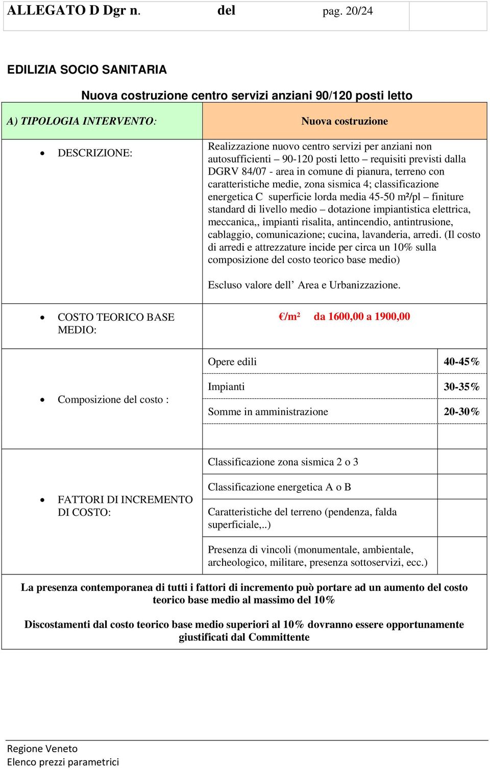 autosufficienti 90-120 posti letto requisiti previsti dalla DGRV 84/07 - area in comune di pianura, terreno con caratteristiche medie, zona sismica 4; classificazione energetica C superficie lorda