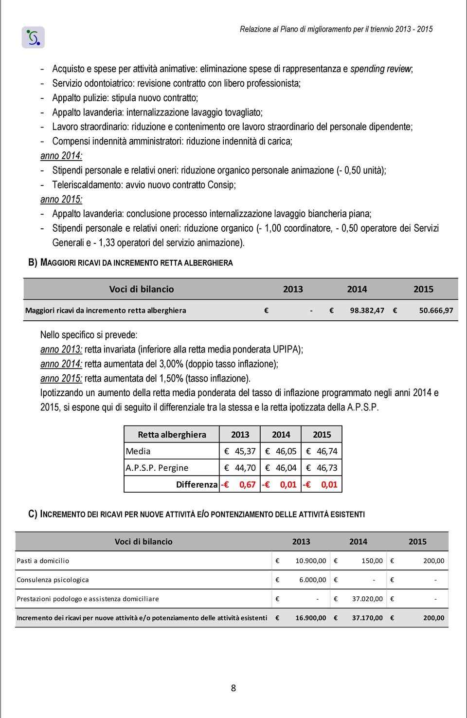 straordinario del personale dipendente; Compensi indennità amministratori: riduzione indennità di carica; anno 2014: Stipendi personale e relativi oneri: riduzione organico personale animazione (