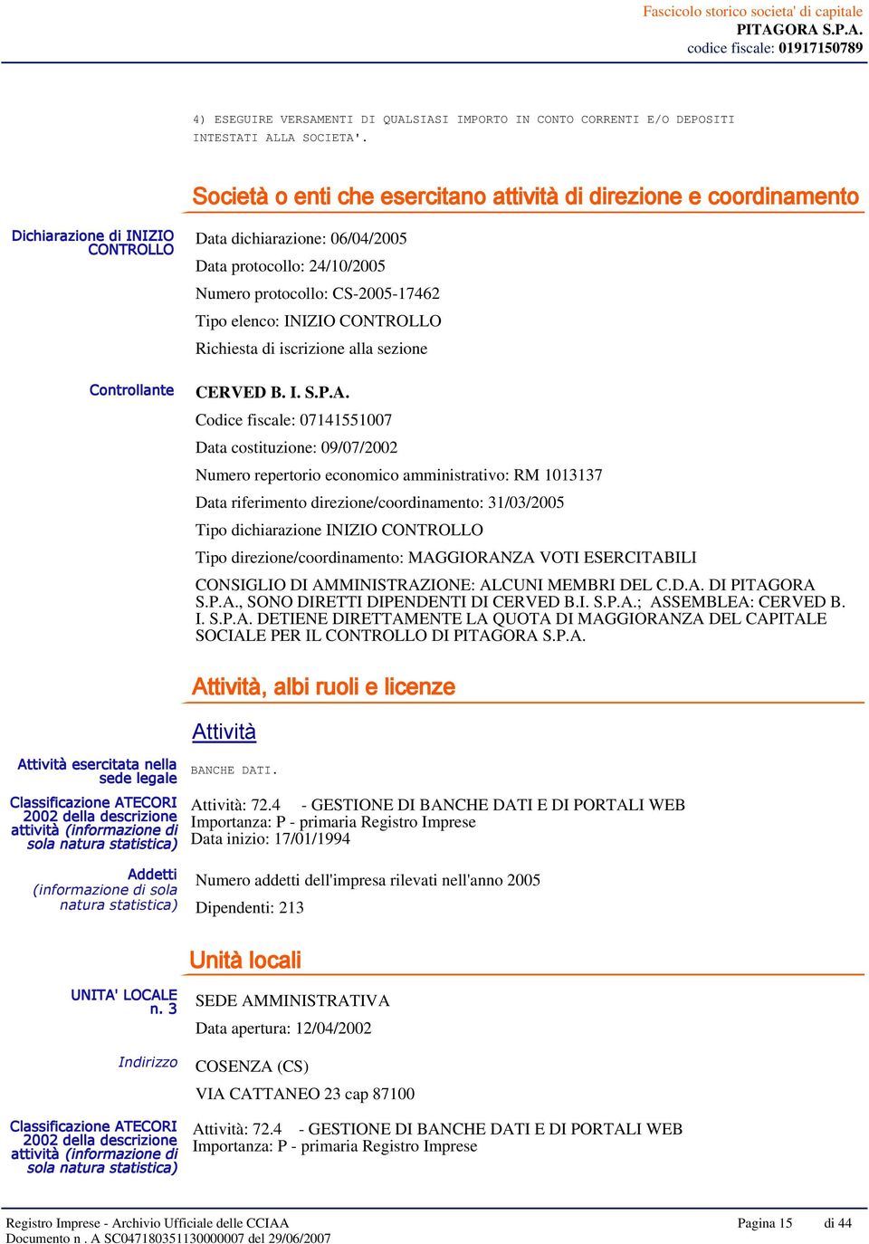 CS-2005-17462 Tipo elenco: INIZIO CONTROLLO Richiesta di iscrizione alla sezione CERVED B. I. S.P.A.