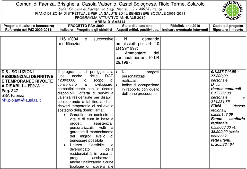 it Il programma si prefigge, alla luce anche della DGR 1230/2008, lo scopo di consolidare e sviluppare, compatibilmente con le risorse disponibili, l offerta di servizi a valenza residenziale per