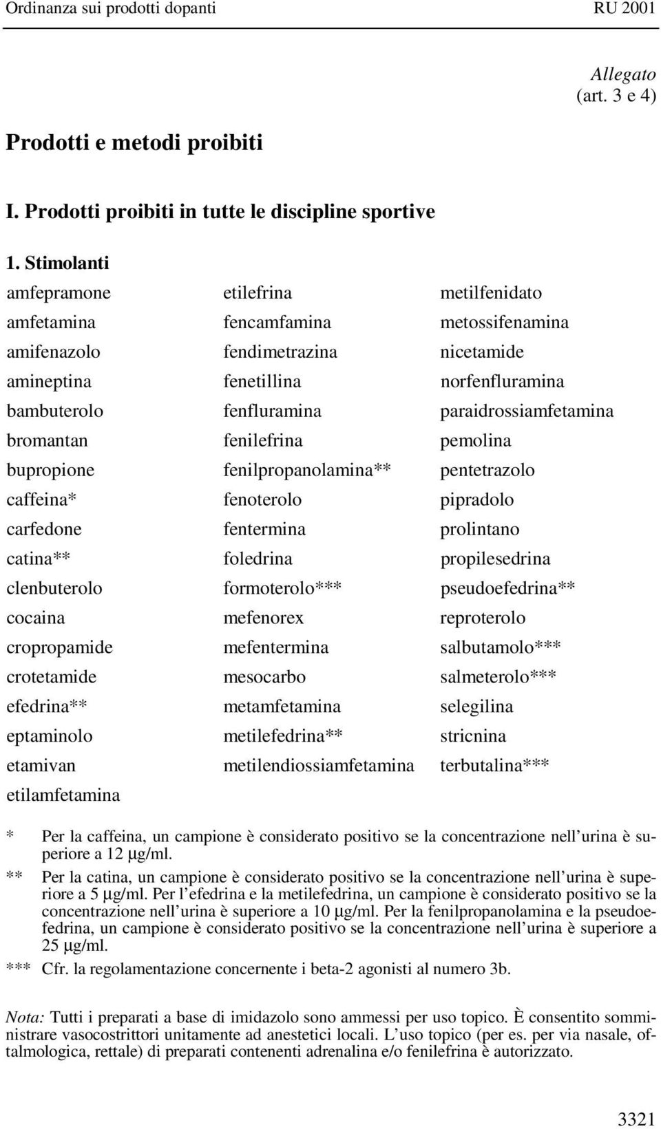 paraidrossiamfetamina bromantan fenilefrina pemolina bupropione fenilpropanolamina** pentetrazolo caffeina* fenoterolo pipradolo carfedone fentermina prolintano catina** foledrina propilesedrina