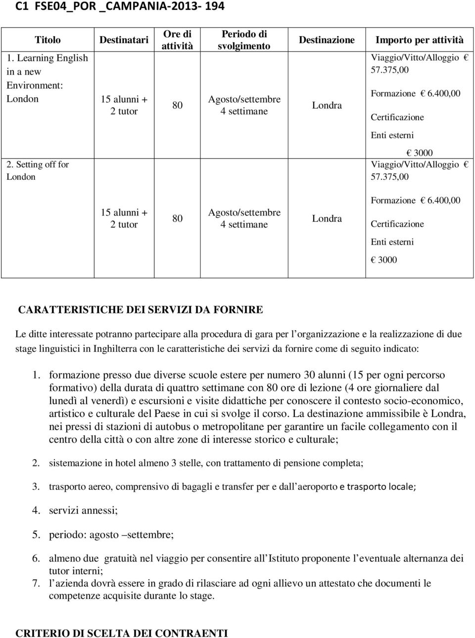 linguistici in Inghilterra con le caratteristiche dei servizi da fornire come di seguito indicato: 1.