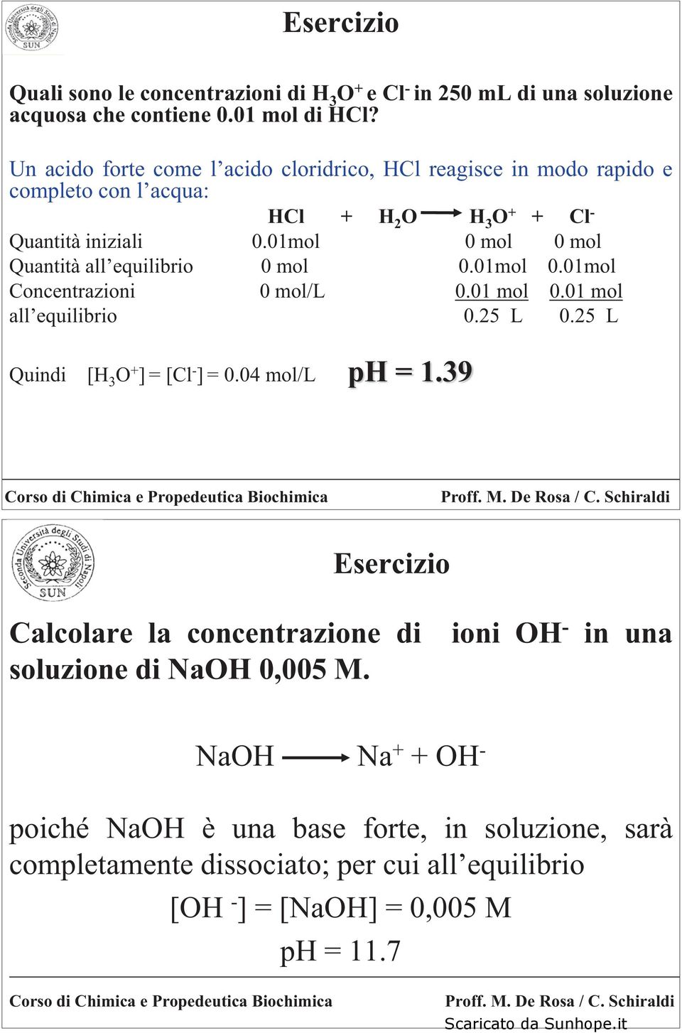 01mol 0 mol 0 mol Quantità all equilibrio 0 mol 0.01mol 0.01mol Concentrazioni 0 mol/l 0.01 mol 0.01 mol all equilibrio 0.25 L 0.25 L Quindi [ 3 O + ]=[Cl - ] = 0.