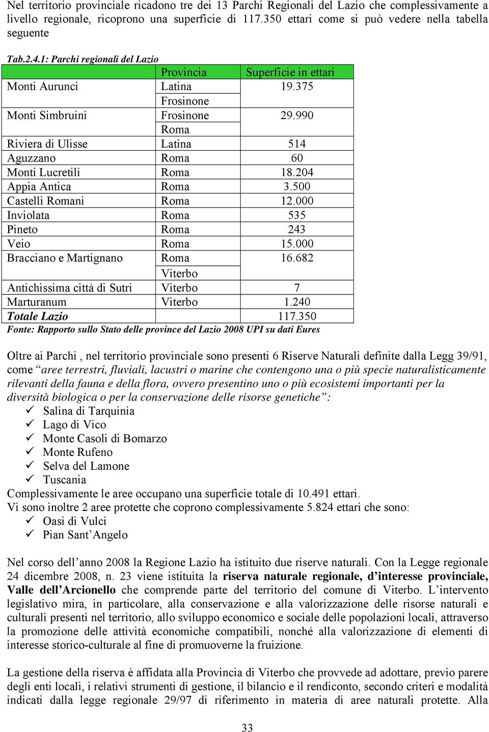 990 Roma Riviera di Ulisse Latina 514 Aguzzano Roma 60 Monti Lucretili Roma 18.204 Appia Antica Roma 3.500 Castelli Romani Roma 12.000 Inviolata Roma 535 Pineto Roma 243 Veio Roma 15.