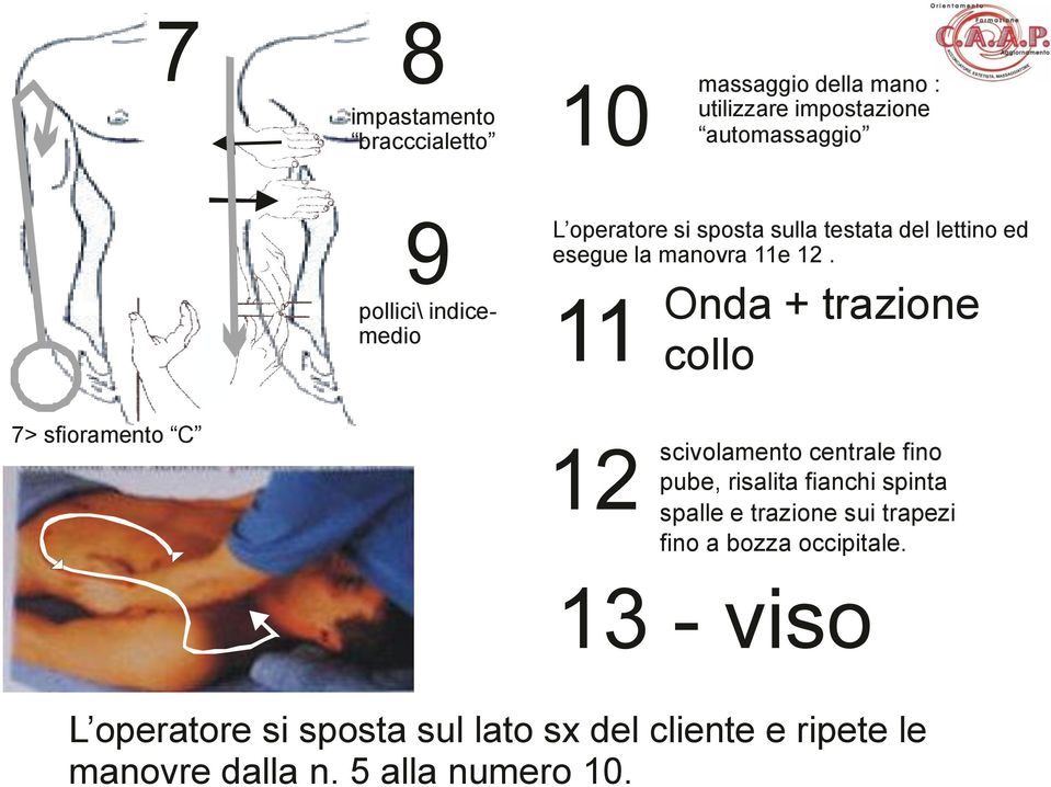 11 Onda + trazione collo 7> sfioramento 12 scivolamento centrale fino pube, risalita fianchi spinta spalle e