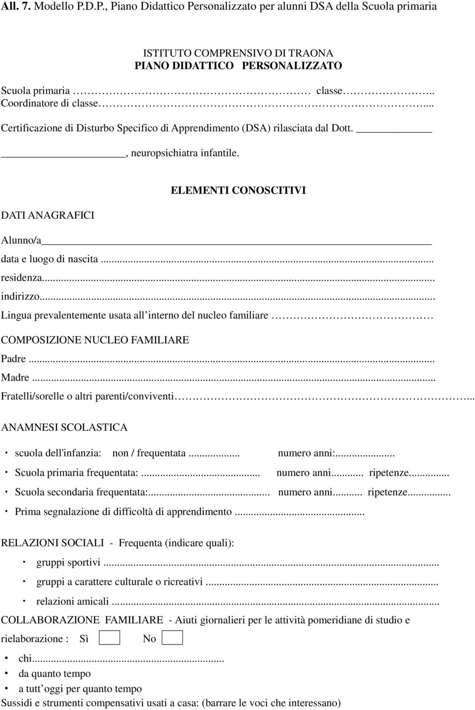 ELEMENTI CONOSCITIVI DATI ANAGRAFICI Alunno/a data e luogo di nascita... residenza... indirizzo... Lingua prevalentemente usata all interno del nucleo familiare COMPOSIZIONE NUCLEO FAMILIARE Padre.