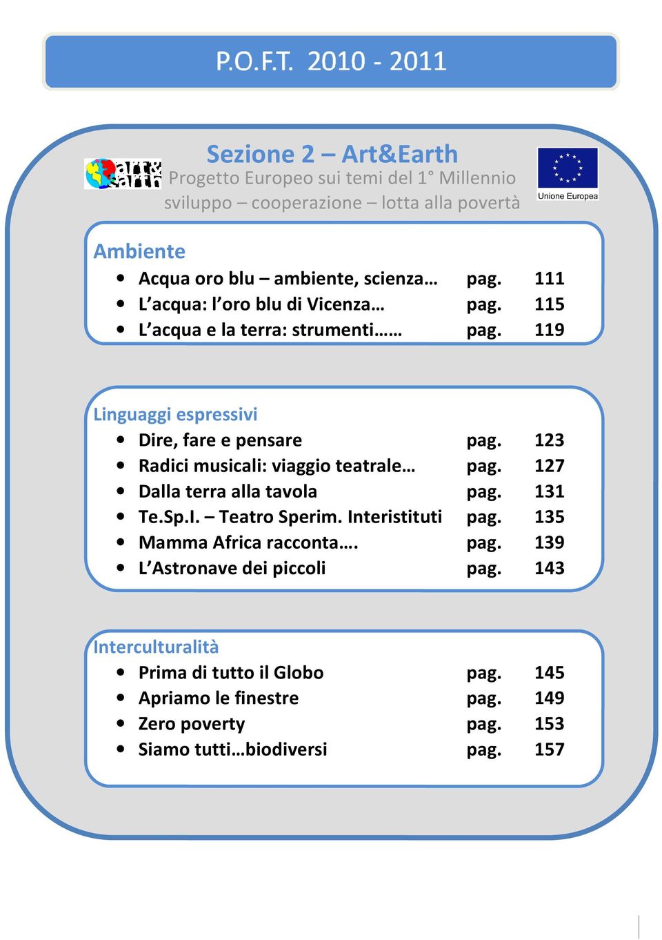 123 Radici musicali: viaggio teatrale pag. 127 Dalla terra alla tavola pag. 131 Te.Sp.I. Teatro Sperim. Interistituti pag. 135 Mamma Africa racconta. pag. 139 L Astronave dei piccoli pag.