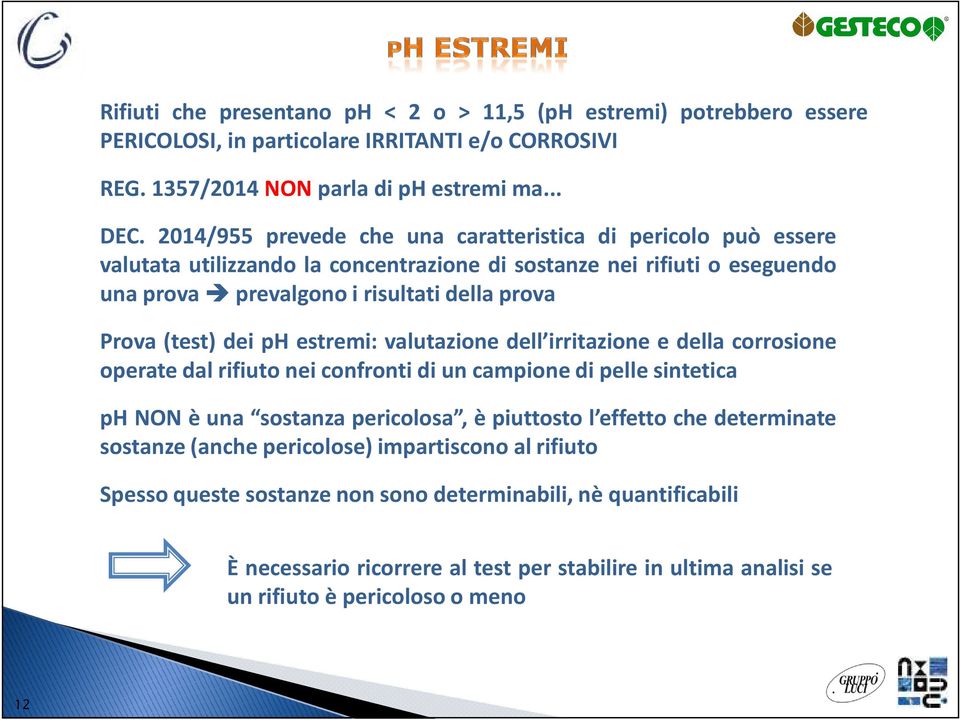 dei ph estremi: valutazione dell irritazione e della corrosione operate dal rifiuto nei confronti di un campione di pelle sintetica ph NON è una sostanza pericolosa, è piuttosto l effetto che