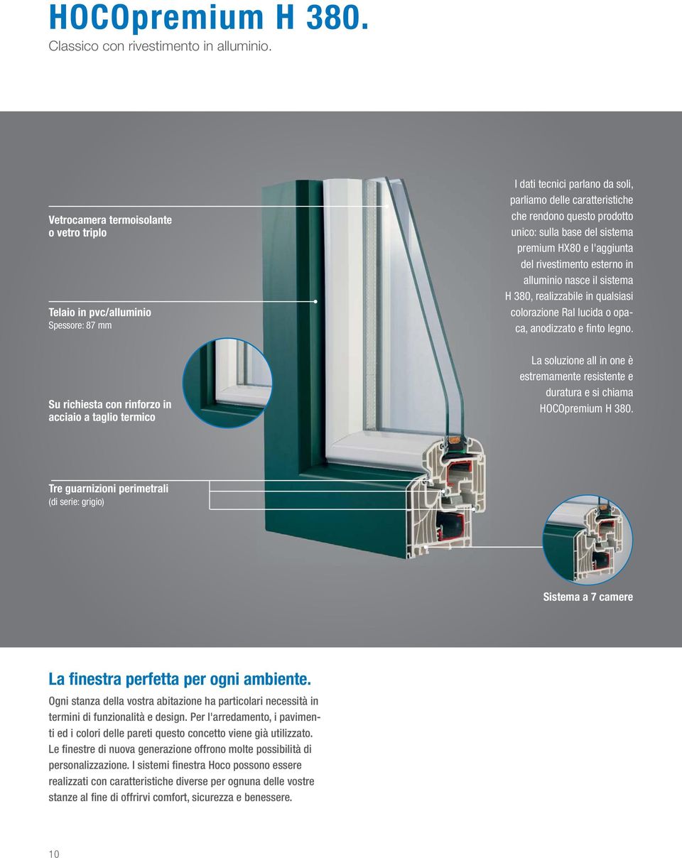 sistema premium HX80 e l'aggiunta del rivestimento esterno in alluminio nasce il sistema H 380, realizzabile in qualsiasi colorazione Ral lucida o opaca, anodizzato e fi nto legno.