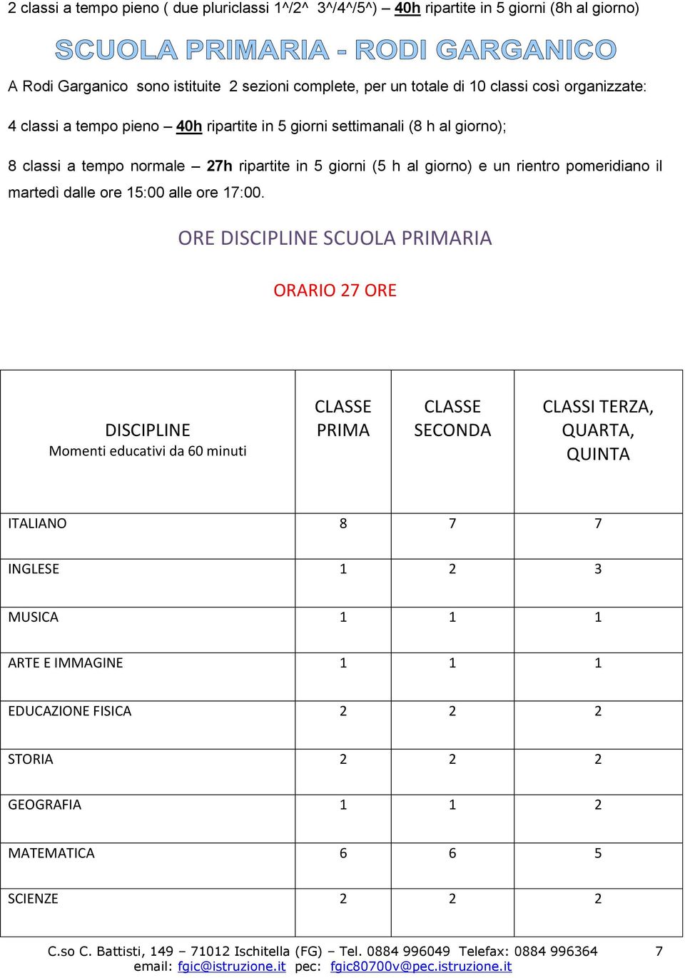 rientro pomeridiano il martedì dalle ore 15:00 alle ore 17:00.