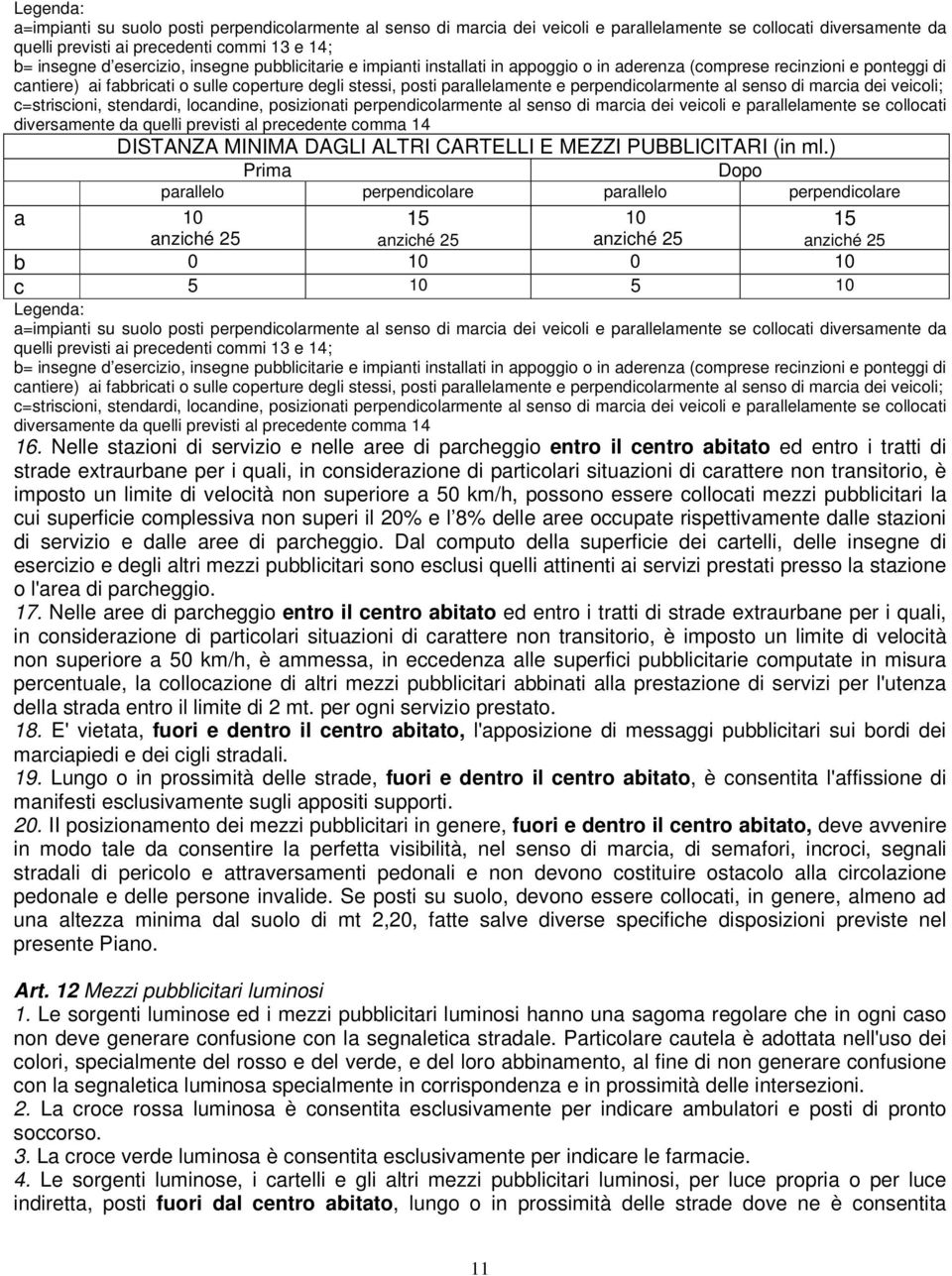 perpendicolarmente al senso di marcia dei veicoli; c=striscioni, stendardi, locandine, posizionati perpendicolarmente al senso di marcia dei veicoli e parallelamente se collocati diversamente da