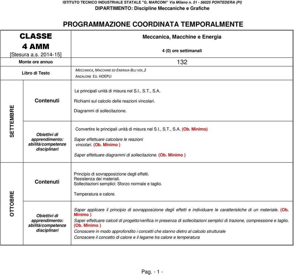 (Ob. Minimo ) Principio di sovrapposizione degli effetti. Resistenza dei materiali. Sollecitazioni semplici: Sforzo normale e taglio. OTTOBRE Temperatura e calore.