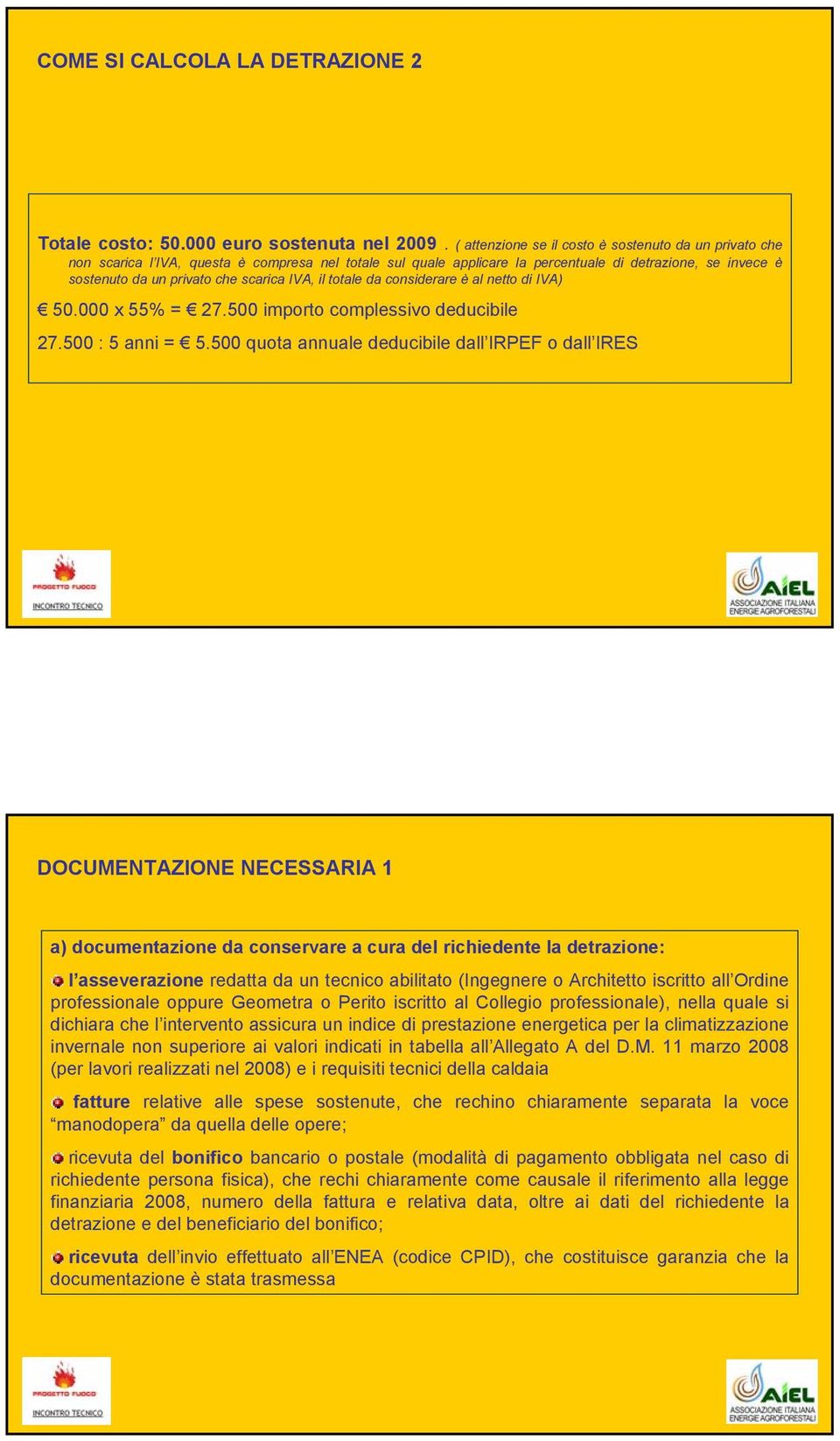 scarica IVA, il totale da considerare è al netto di IVA) 50.000 x 55% = 27.500 importo complessivo deducibile 27.500 : 5 anni = 5.