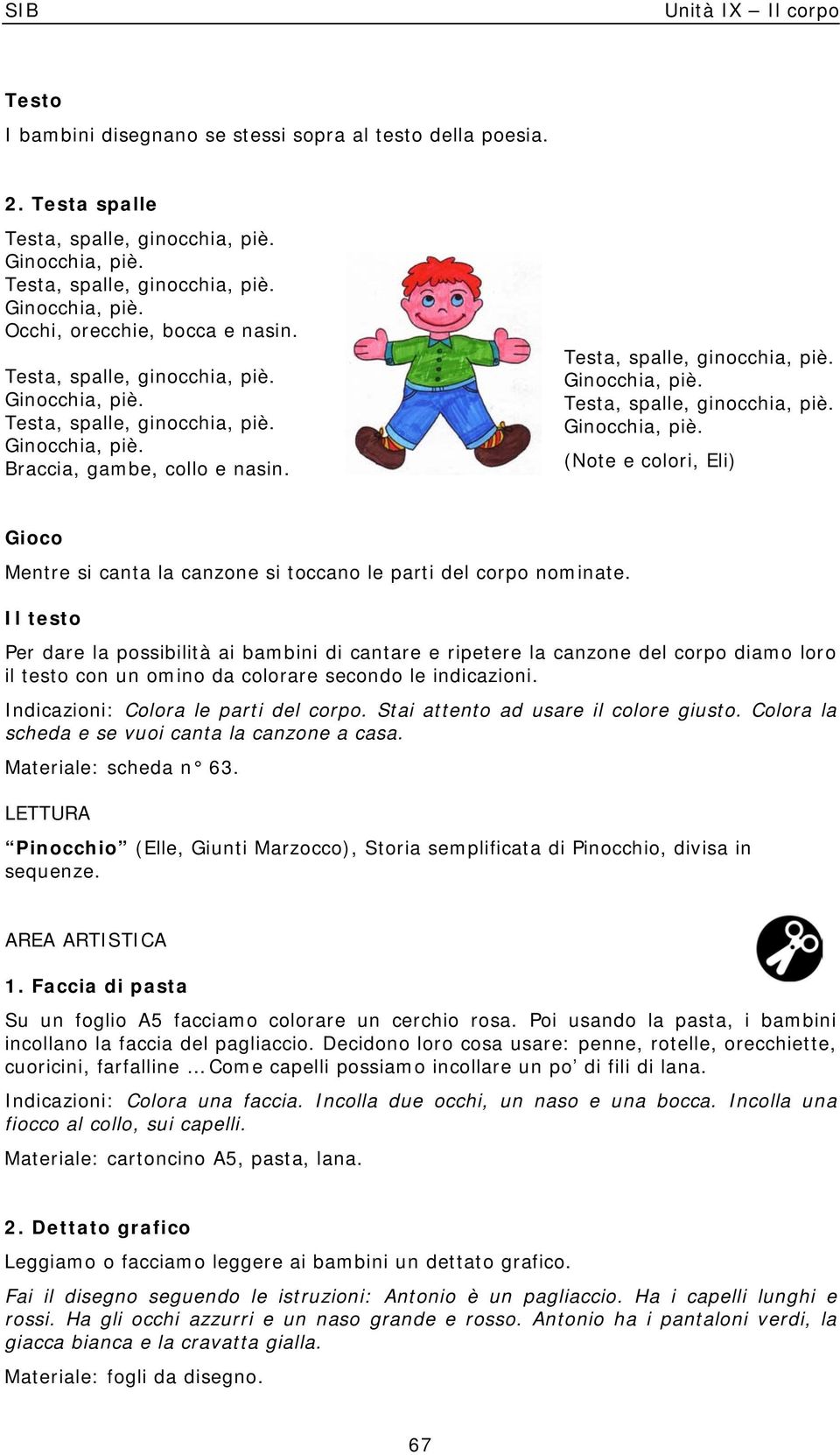 Il testo Per dare la possibilità ai bambini di cantare e ripetere la canzone del corpo diamo loro il testo con un omino da colorare secondo le indicazioni. Indicazioni: Colora le parti del corpo.