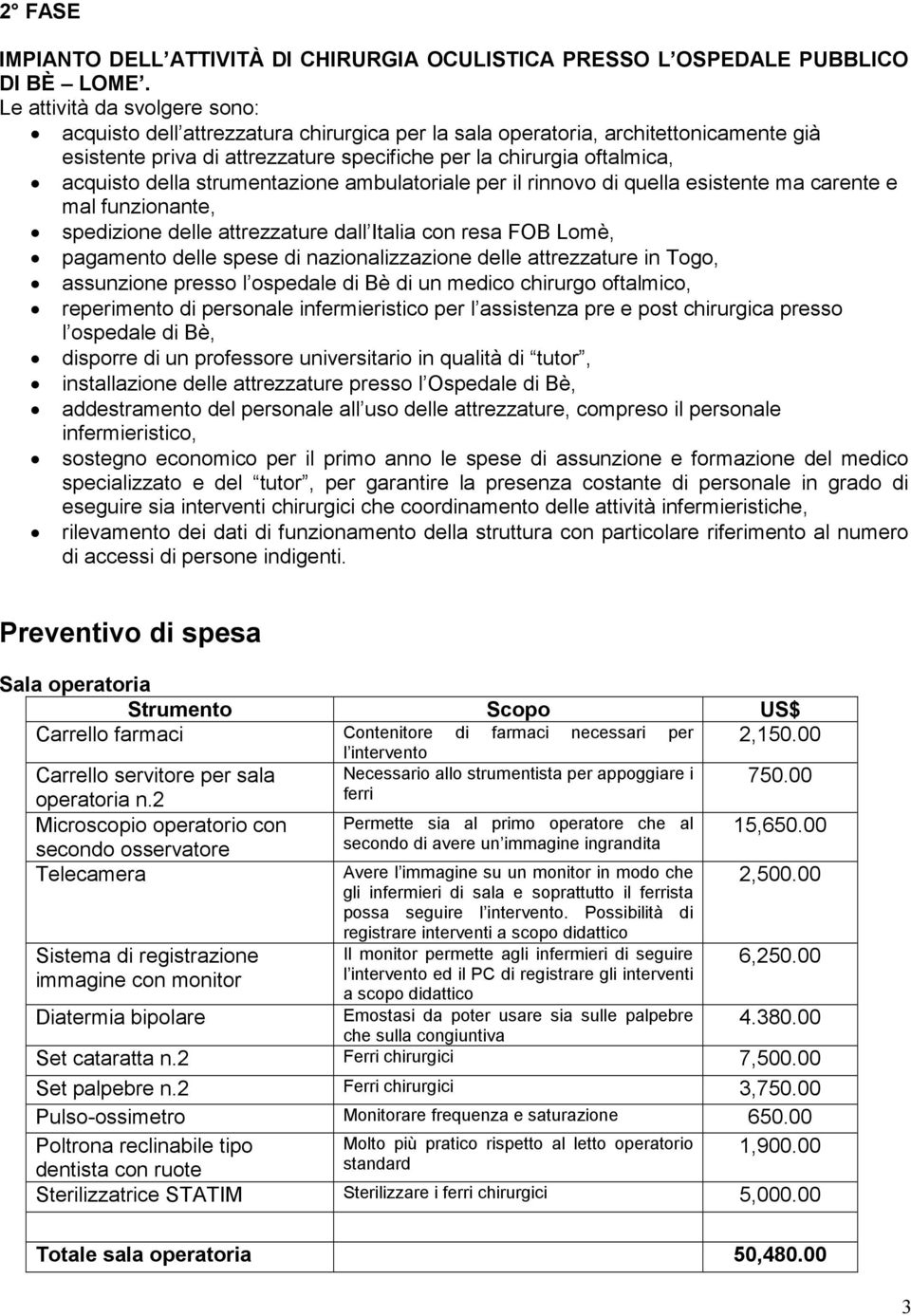 della strumentazione ambulatoriale per il rinnovo di quella esistente ma carente e mal funzionante, spedizione delle attrezzature dall Italia con resa FOB Lomè, pagamento delle spese di