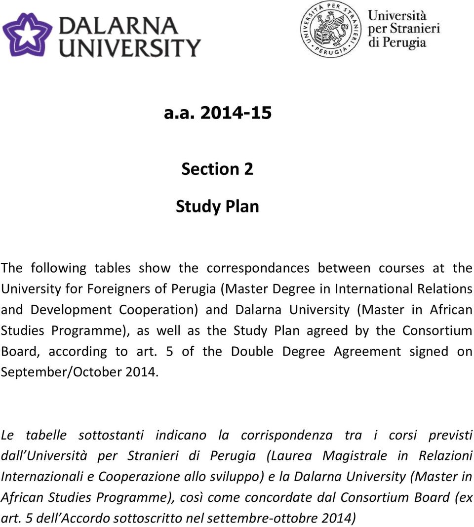 5 of the Double Degree Agreement signed on September/October 2014.
