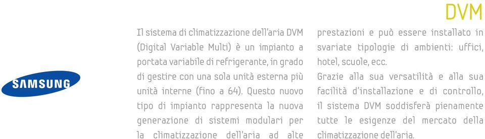 Questo nuovo tipo di impianto rappresenta la nuova generazione di sistemi modulari per la climatizzazione dell aria ad alte DVM prestazioni e può