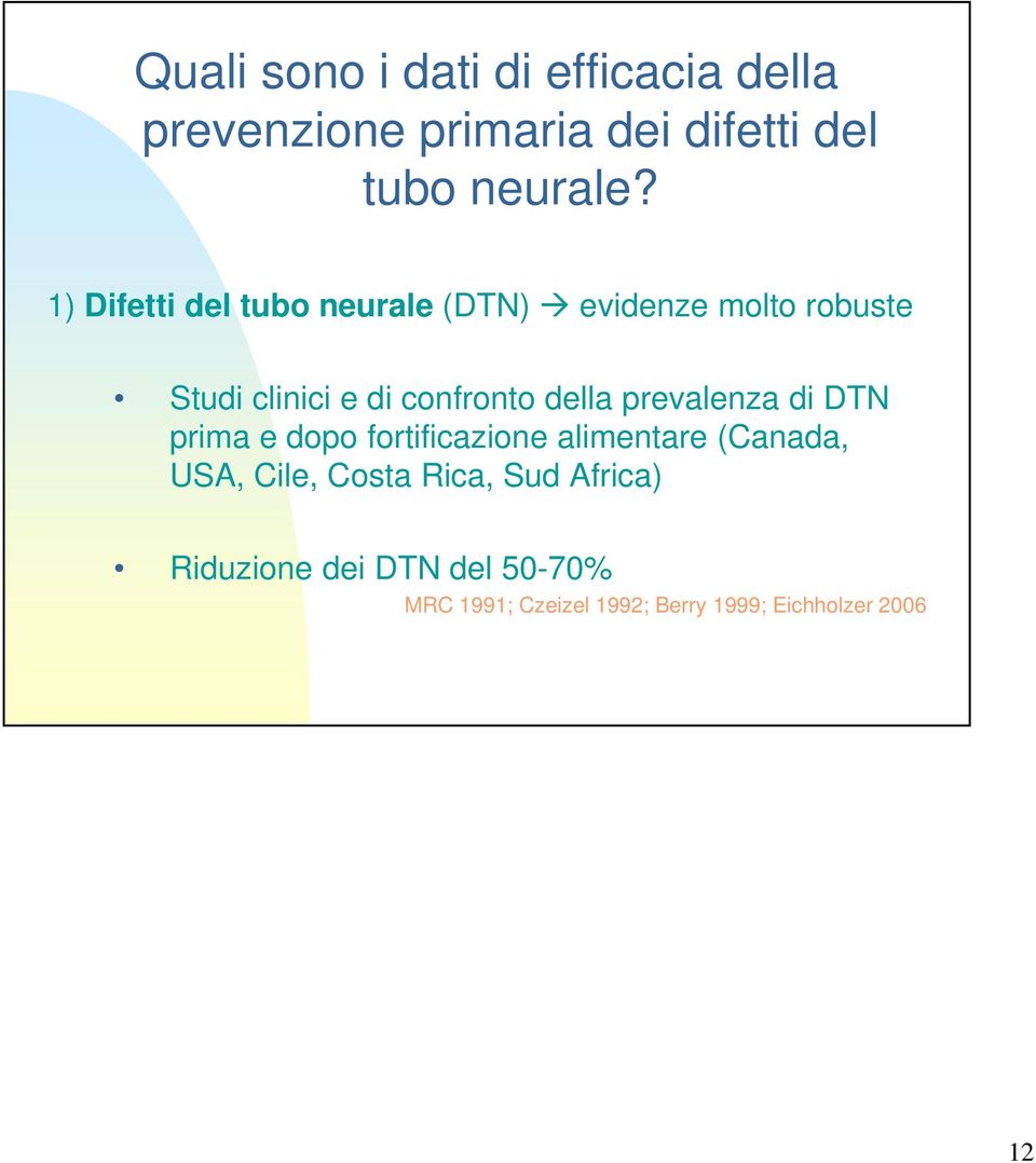 della prevalenza di DTN prima e dopo fortificazione alimentare (Canada, USA, Cile, Costa