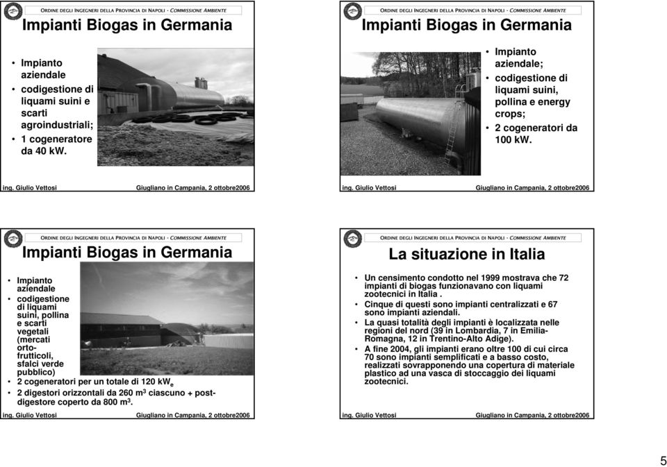 ciascuno + postdigestore coperto da 800 m 3. Un censimento condotto nel 1999 mostrava che 72 impianti di biogas funzionavano con liquami zootecnici in Italia.