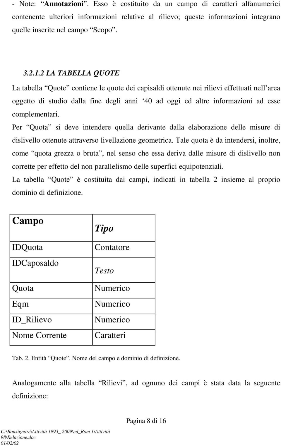 complementari. Per Quota si deve intendere quella derivante dalla elaborazione delle misure di dislivello ottenute attraverso livellazione geometrica.