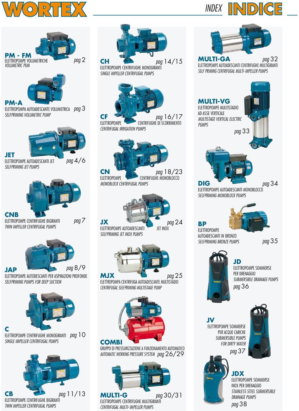 SCORRIMENTO CENTRIFUGAL IRRIGATION PUMPS MULTI-VG ELETTROPOMPE MULTISTADIO AD ASSE VERTICALE MULTISTAGE VERTICAL ELECTRIC PUMPS pag JET ELETTROPOMPE AUTOADESCANTI JET SELFPRIMING JET PUMPS pag /6 CN