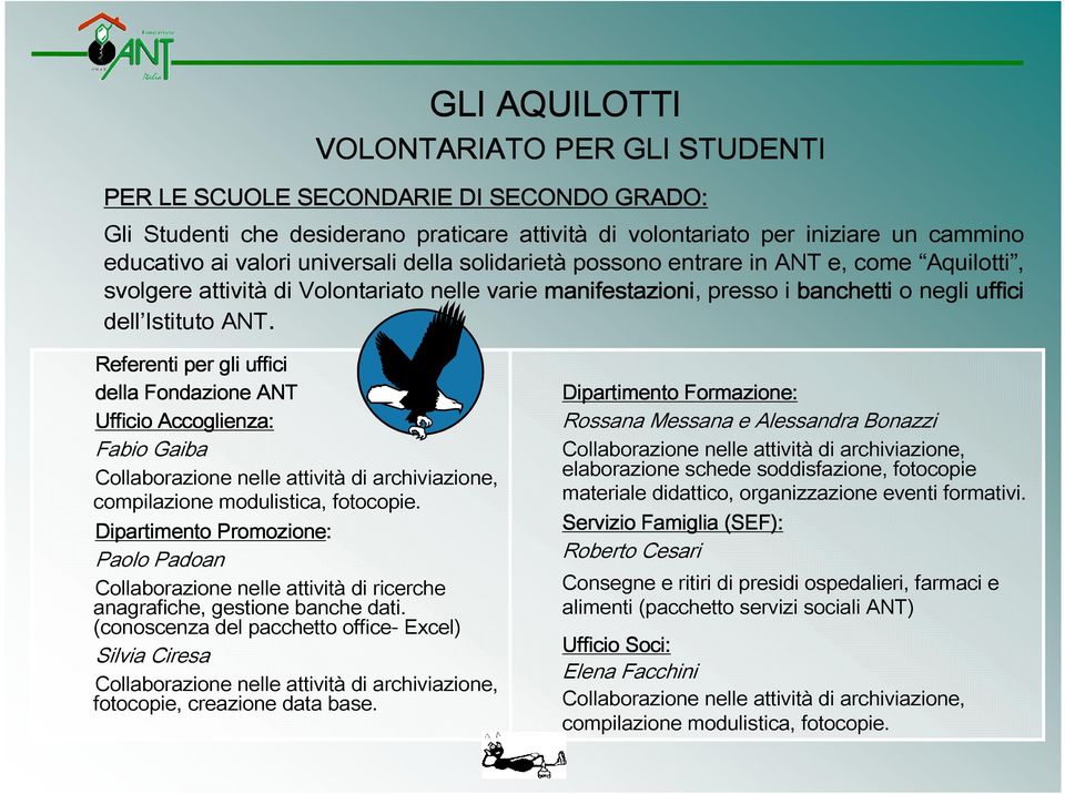 Referenti per gli uffici della Fondazione ANT Ufficio Accoglienza: Fabio Gaiba Collaborazione nelle attività di archiviazione, compilazione modulistica, fotocopie.