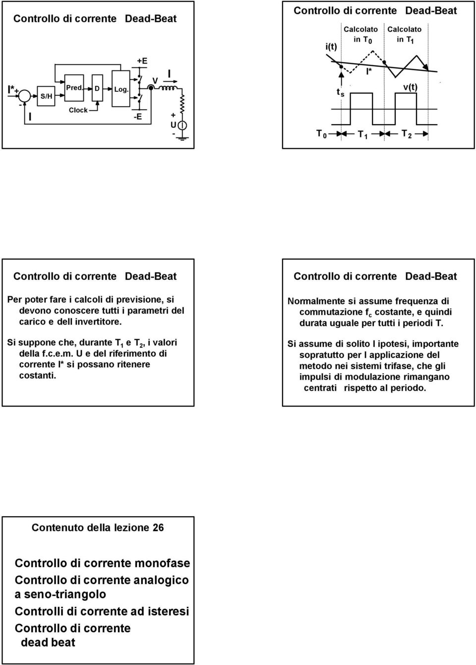 parametri del carico e dell invertitore. Si suppone che, durante T 1 e T 2, i valori della f.c.e.m. e del riferimento di corrente * si possano ritenere costanti.