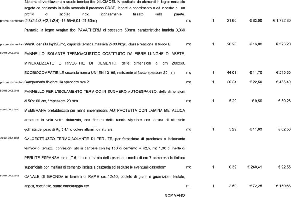 792,80 Pannello in legno vergine tipo PAVATHERM di spessore 60mm, caratteristiche lambda 0,039 prezzo elementarew/mk, densità kg150/mc, capacità termica massiva 2400J/kgK, classe reazione al fuoco E