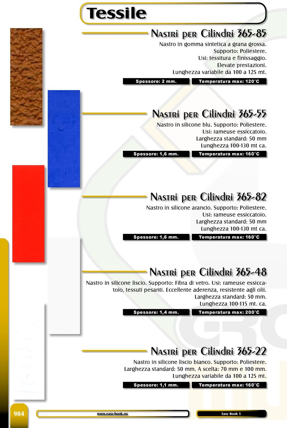 Temperatura max: 160 C Nastri per Cilindri 365-82 Nastro in silicone arancio. Supporto: Poliestere. Usi: rameuse essiccatoio. Larghezza standard: 50 mm Lunghezza 100-130 mt ca. Spessore: 1,6 mm.