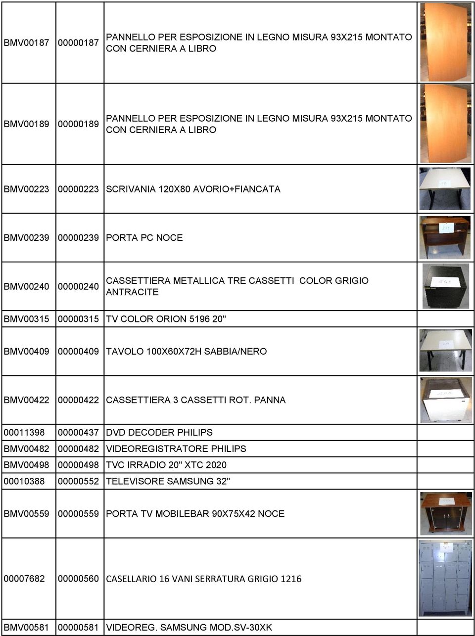 ROT. PANNA 00011398 00000437 DVD DECODER PHILIPS BMV00482 00000482 VIDEOREGISTRATORE PHILIPS BMV00498 00000498 TVC IRRADIO 20" XTC 2020 00010388 00000552 TELEVISORE