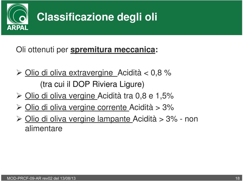 vergine Acidità tra 0,8 e 1,5% Olio di oliva vergine corrente Acidità > 3% Olio